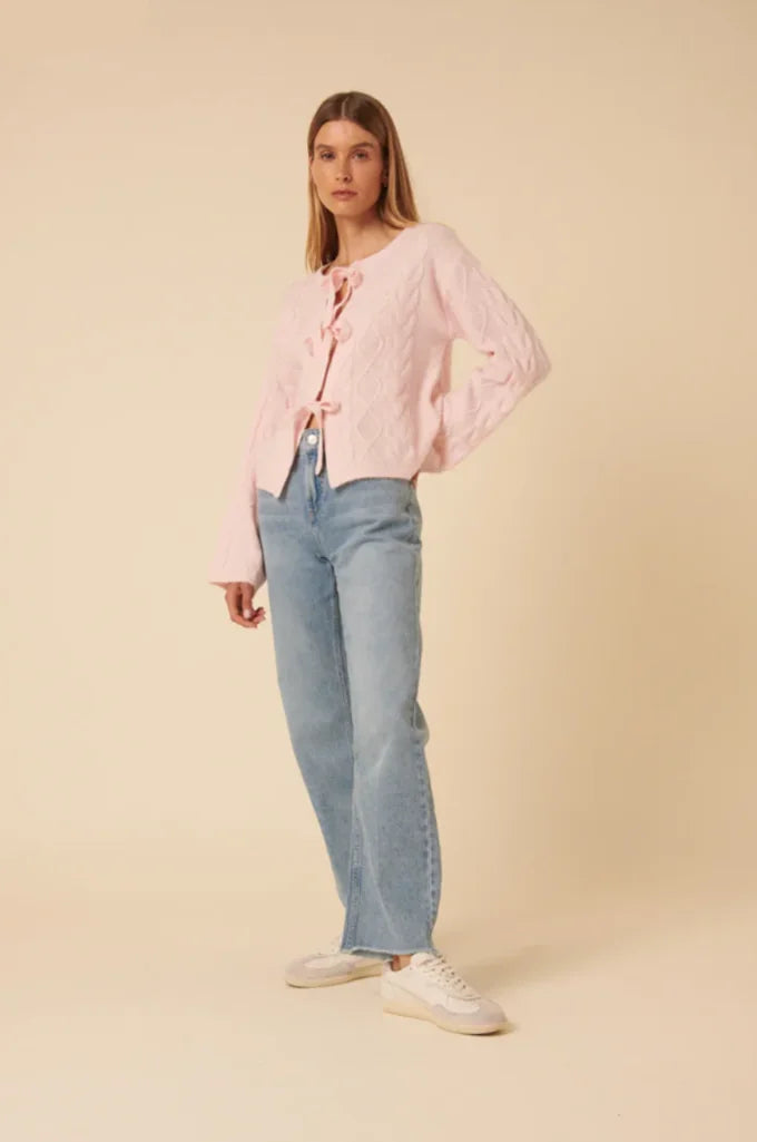 Pink Tie Front Cable Knitted Cardigan