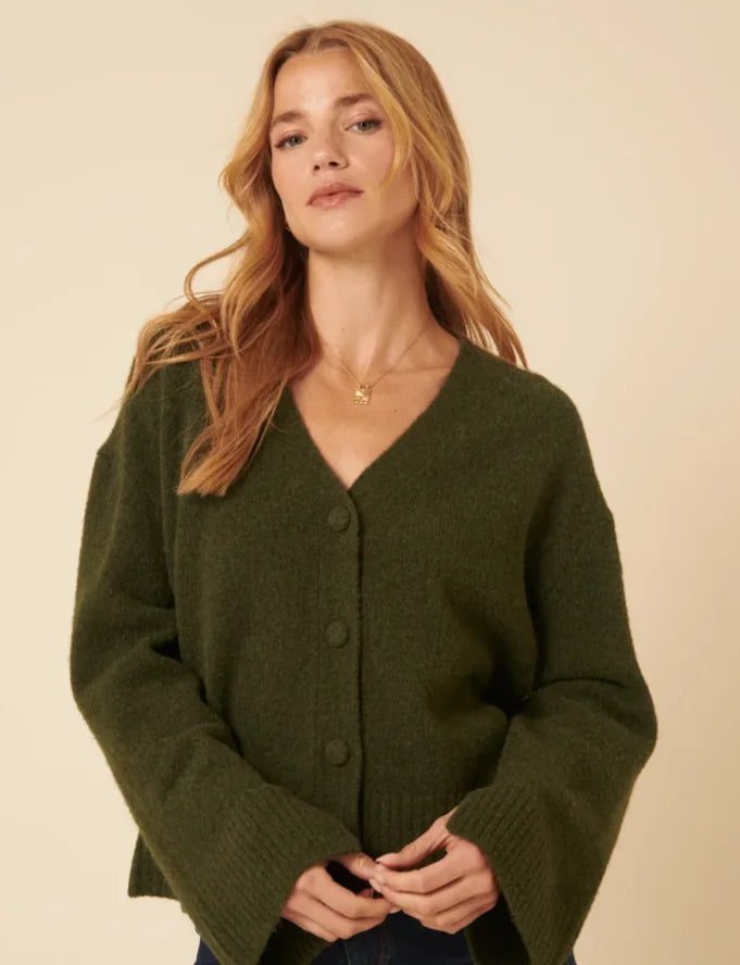 Khaki V-neck Relaxed fit Cardigan