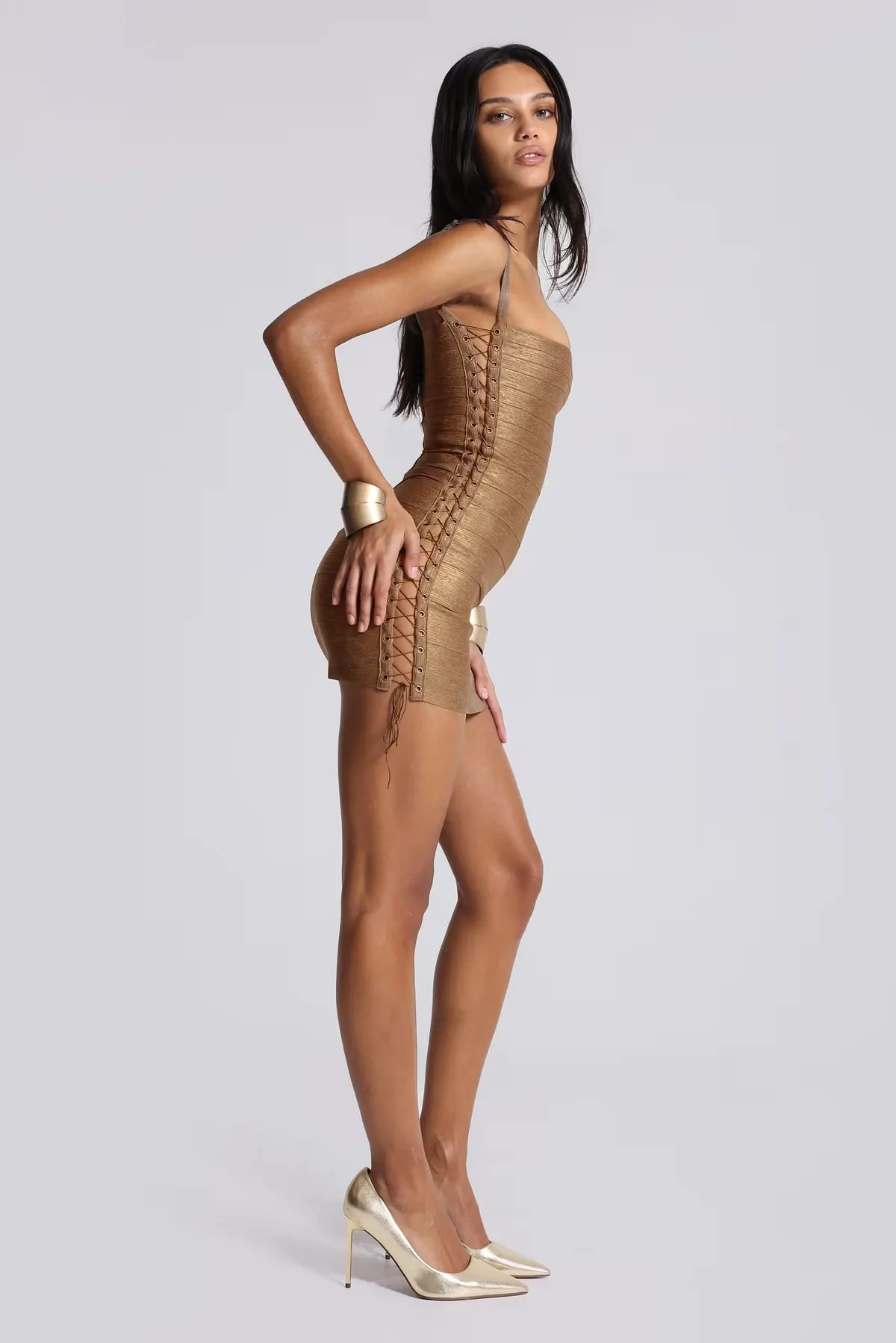 Jaded London Idol Metallic Bandage Mini Dress in Bronze image 2