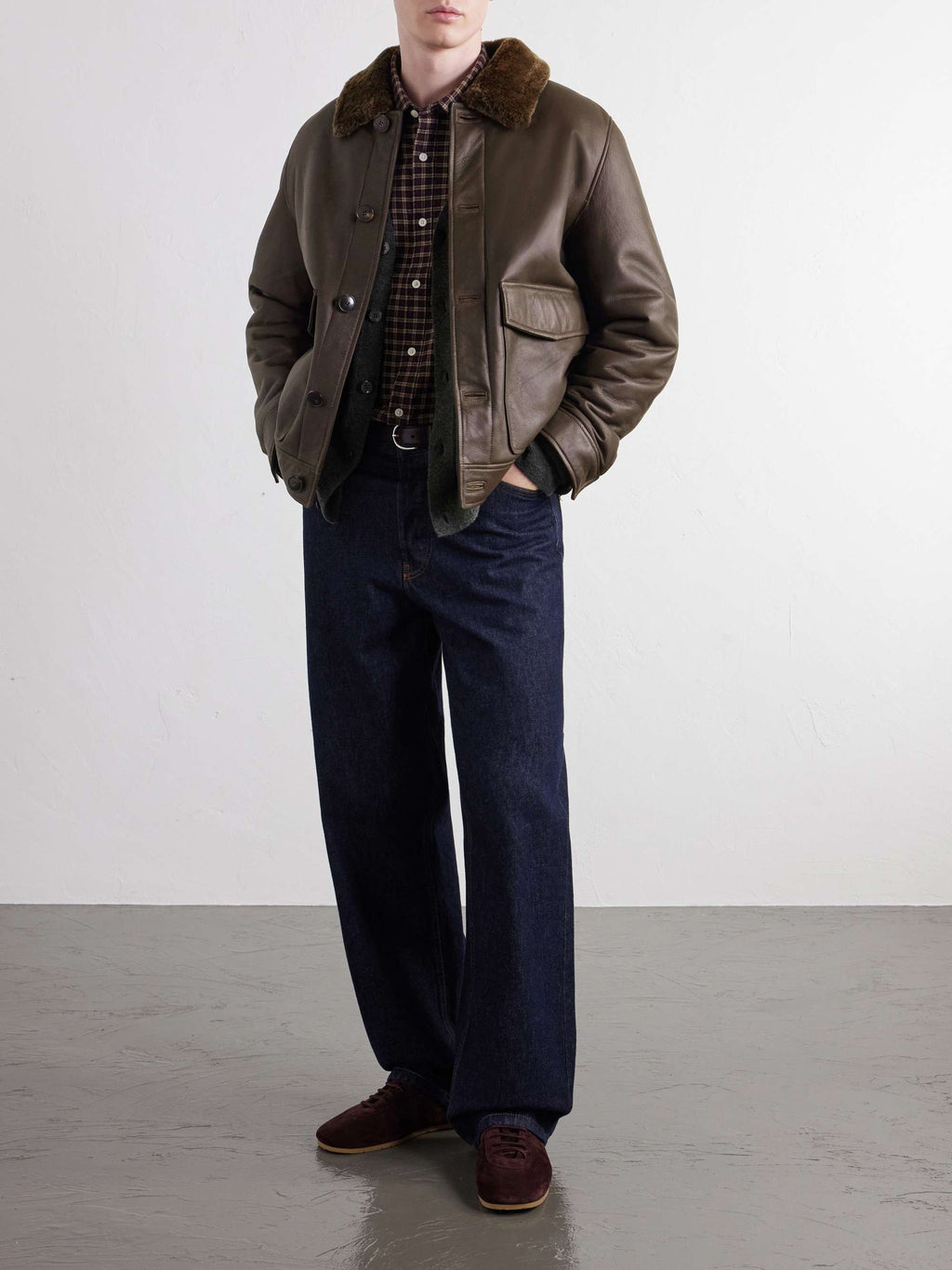 YVES SALOMON Shearling-Lined Leather Jacket — full-length model look