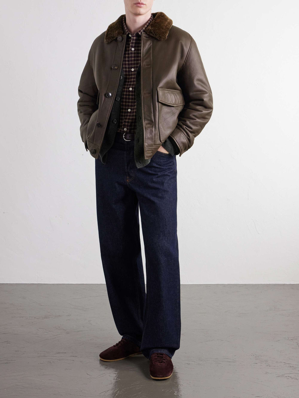 YVES SALOMON Shearling-Lined Leather Jacket — full-length model look