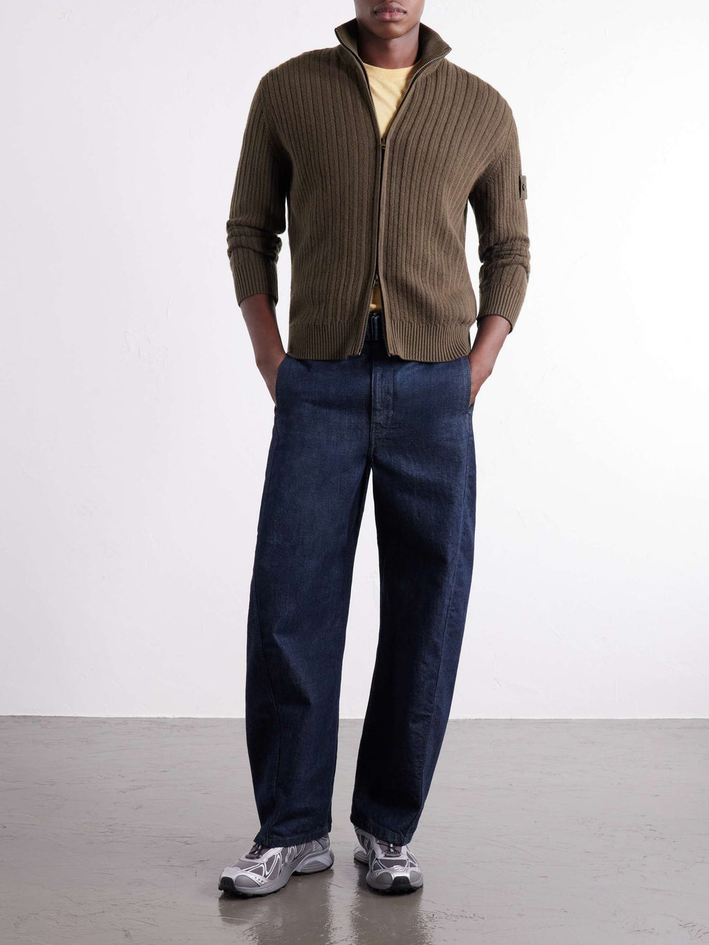 STONE ISLAND GHOST Ribbed Wool and Cashmere-Blend Zip-Up Cardigan — full-length model look