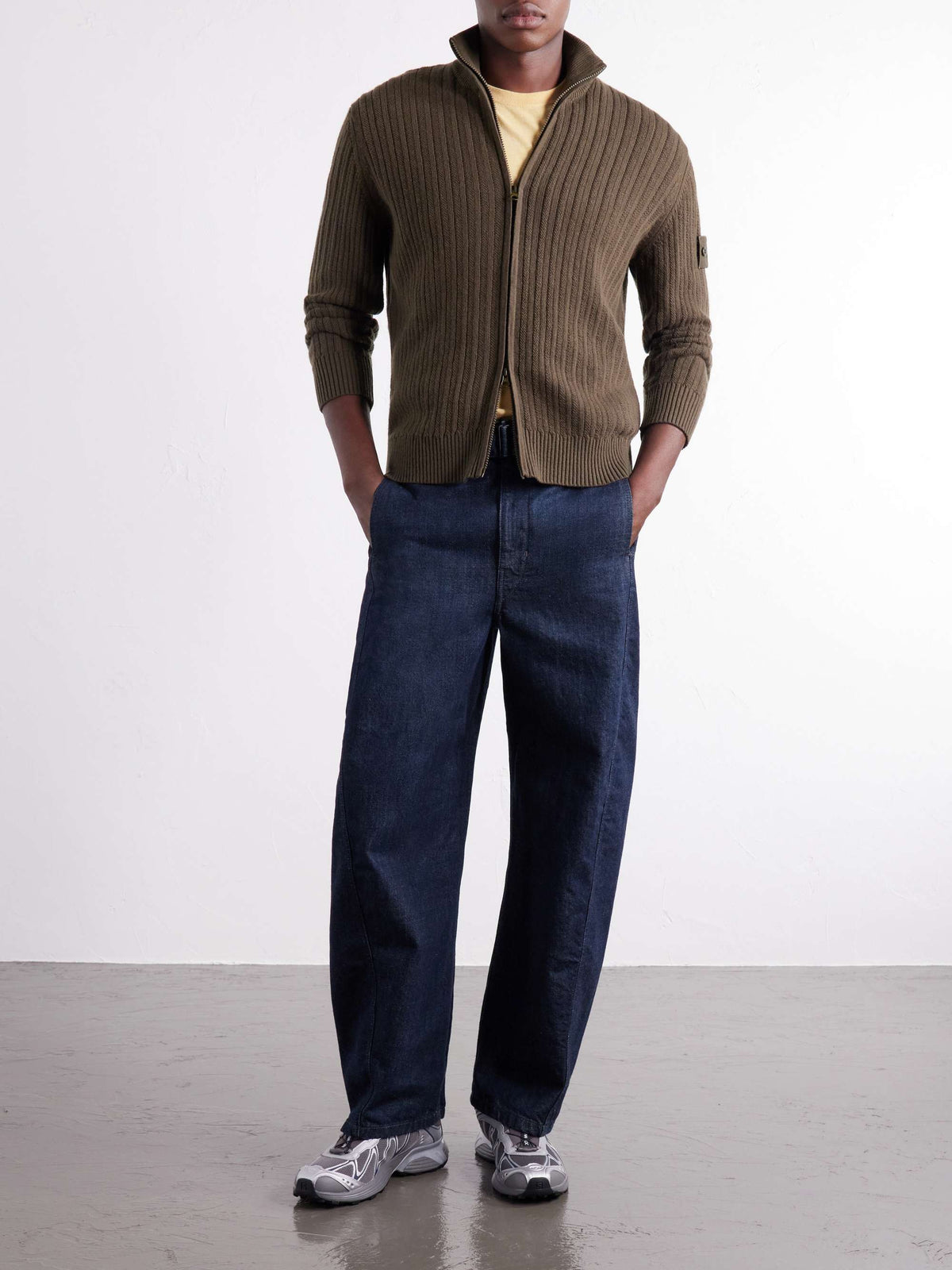 STONE ISLAND GHOST Ribbed Wool and Cashmere-Blend Zip-Up Cardigan — full-length model look
