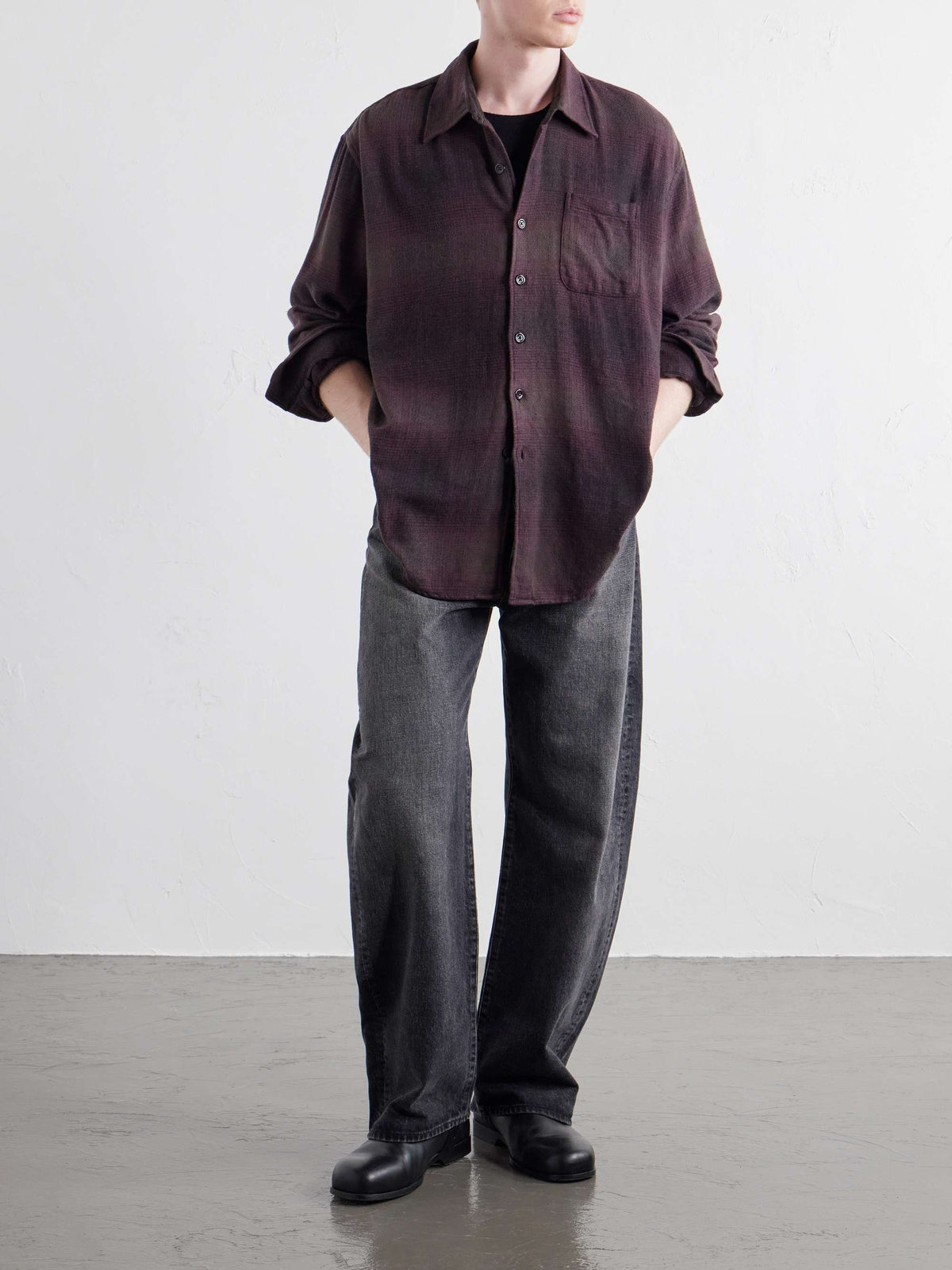 OUR LEGACY Above Checked Cotton-Blend Flannel Shirt — full-length model look