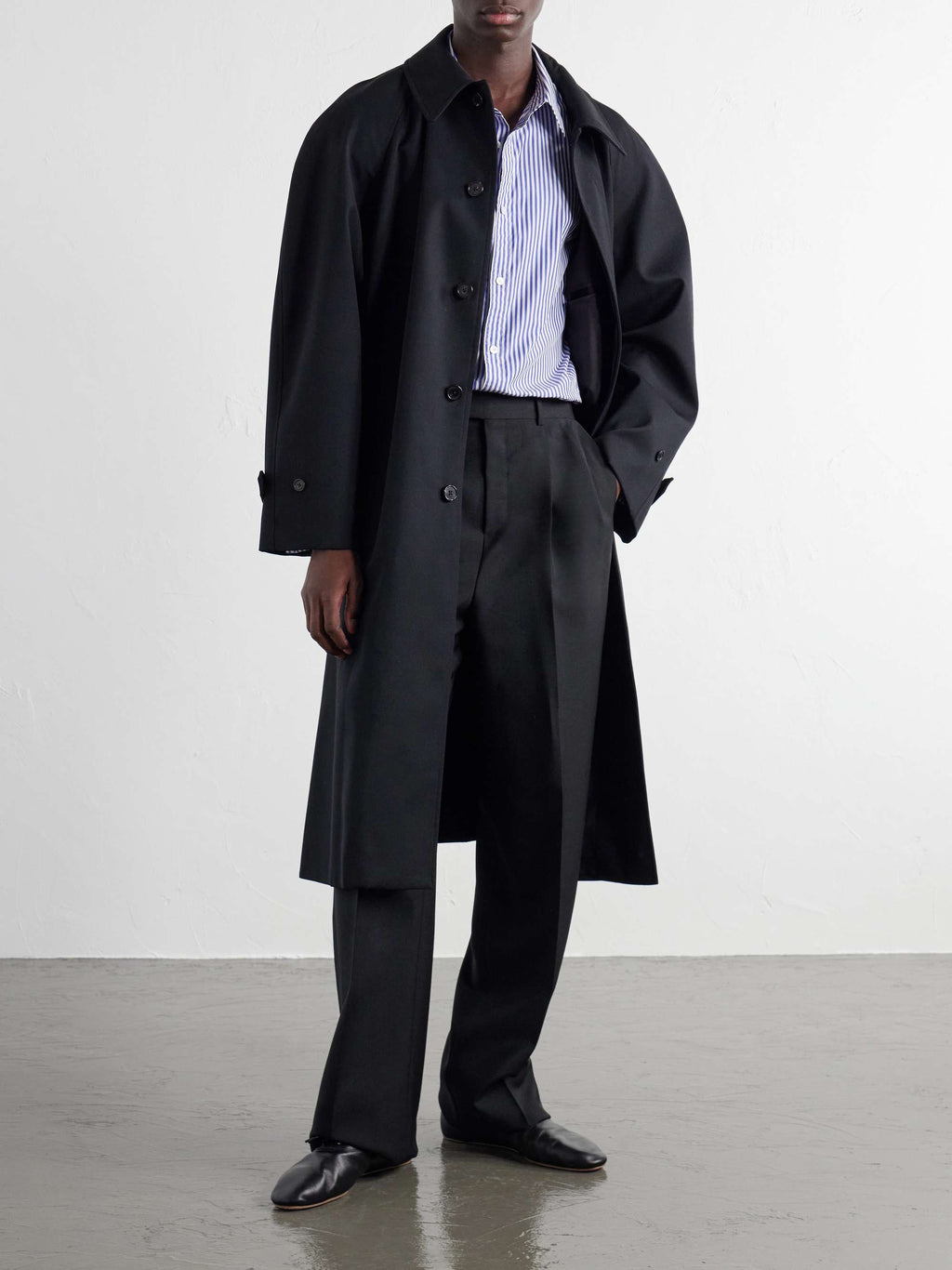 CELINE Belted Wool-Gabardine Trench Coat — full-length model look